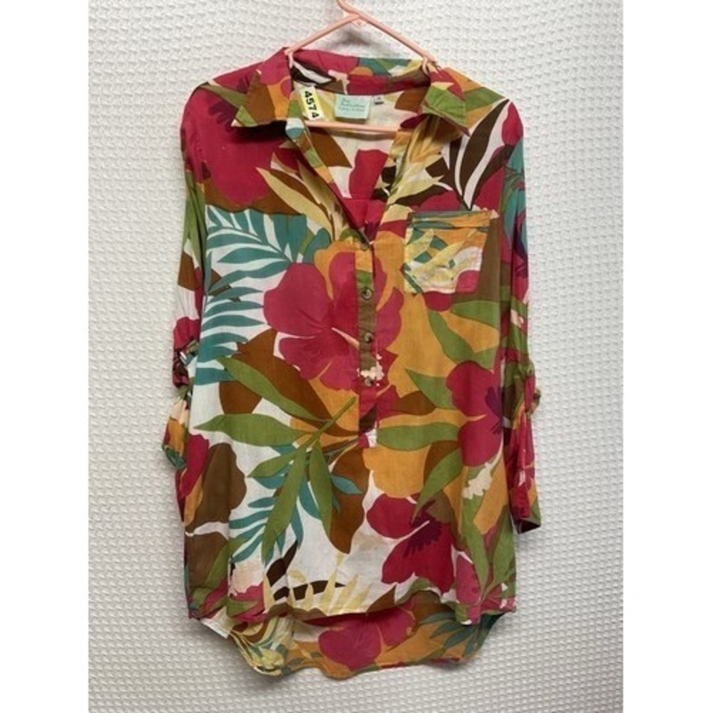 True Destinations Resort Wear Multi Tropical Print Tunic Top Women M India Cotto